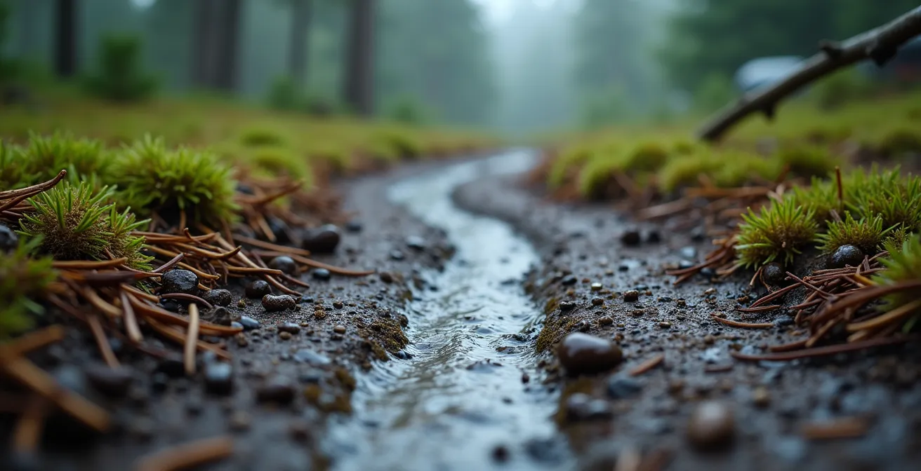 Vue aérienne montrant la topographie et le drainage d'un terrain de camping