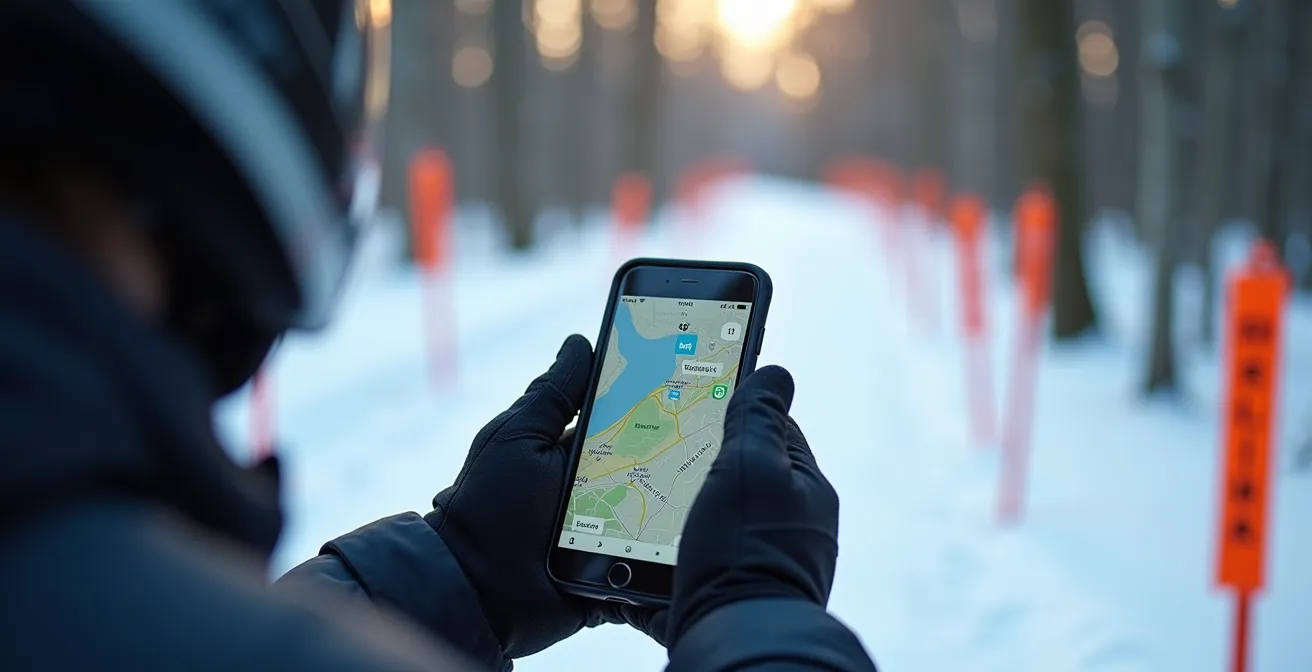 Motoneigiste consultant l'application iMotoneige près d'un sentier balisé dans la forêt québécoise