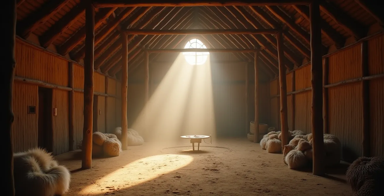 Vue intérieure atmosphérique d'une maison longue traditionnelle avec jeux de lumière naturelle