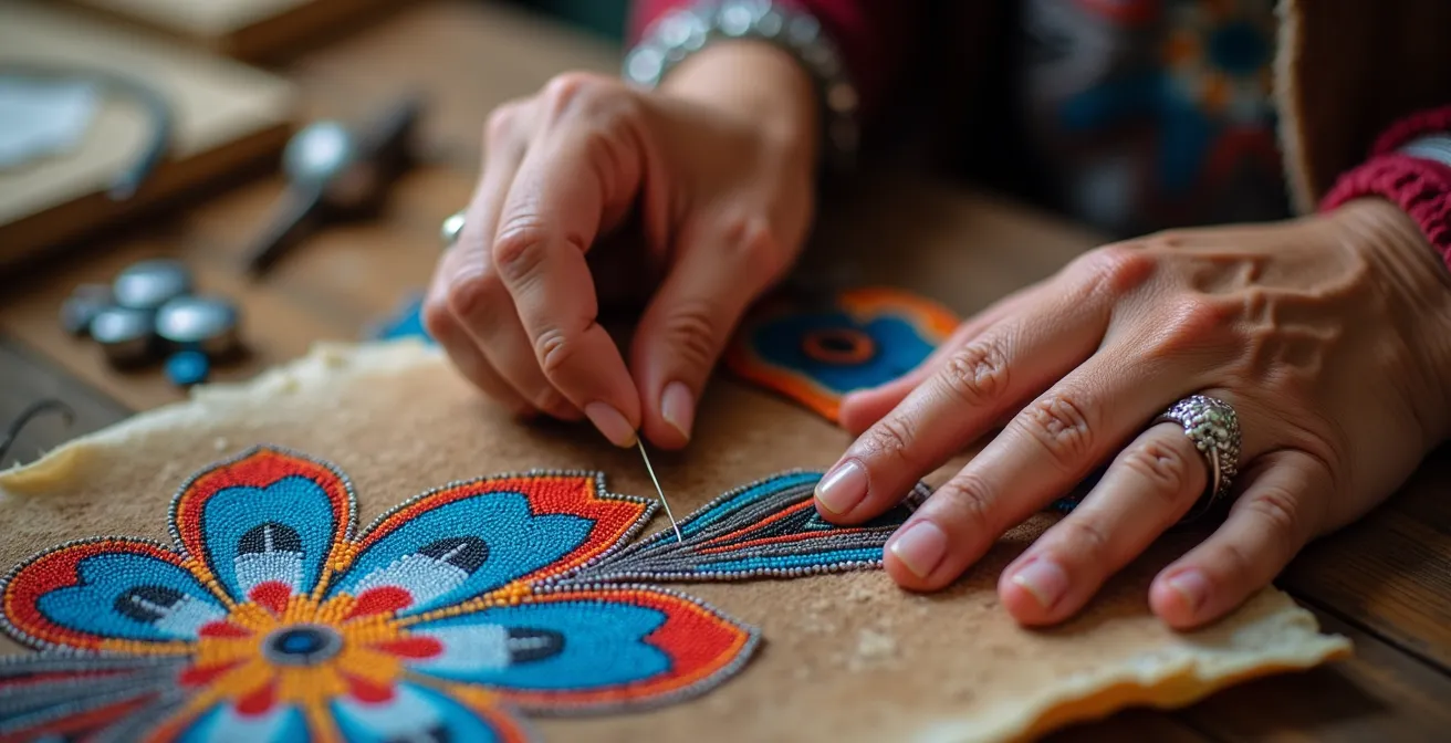 Gros plan sur des mains créant un motif de perlage traditionnel autochtone