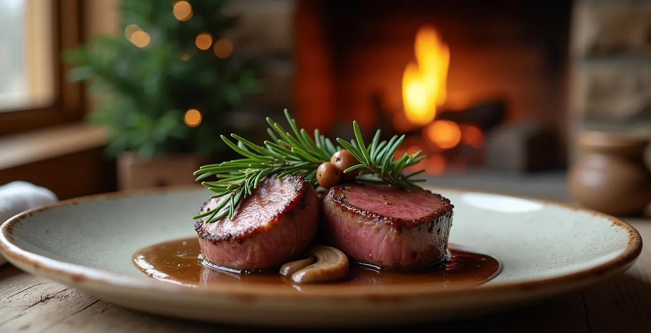 Plat signature de cerf rouge avec garniture de champignons sauvages et baies boréales sur assiette rustique