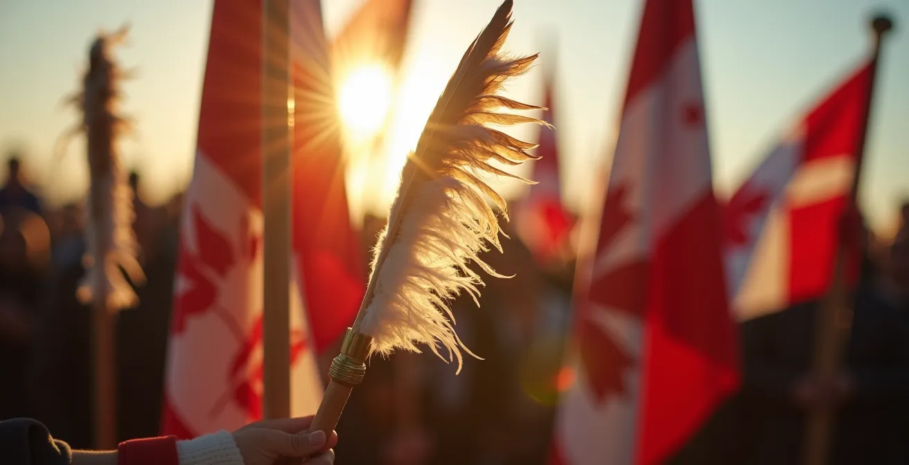 Porteurs de drapeaux et bâtons sacrés lors de la Grande Entrée d'un Pow-Wow québécois