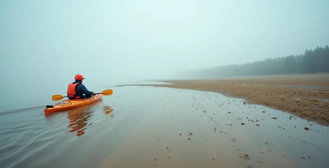 Kayakiste explorant prudemment les battures du fleuve Saint-Laurent à marée basse