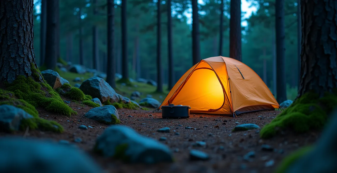 Campement minimaliste respectueux de l'environnement dans la forêt boréale québécoise au crépuscule