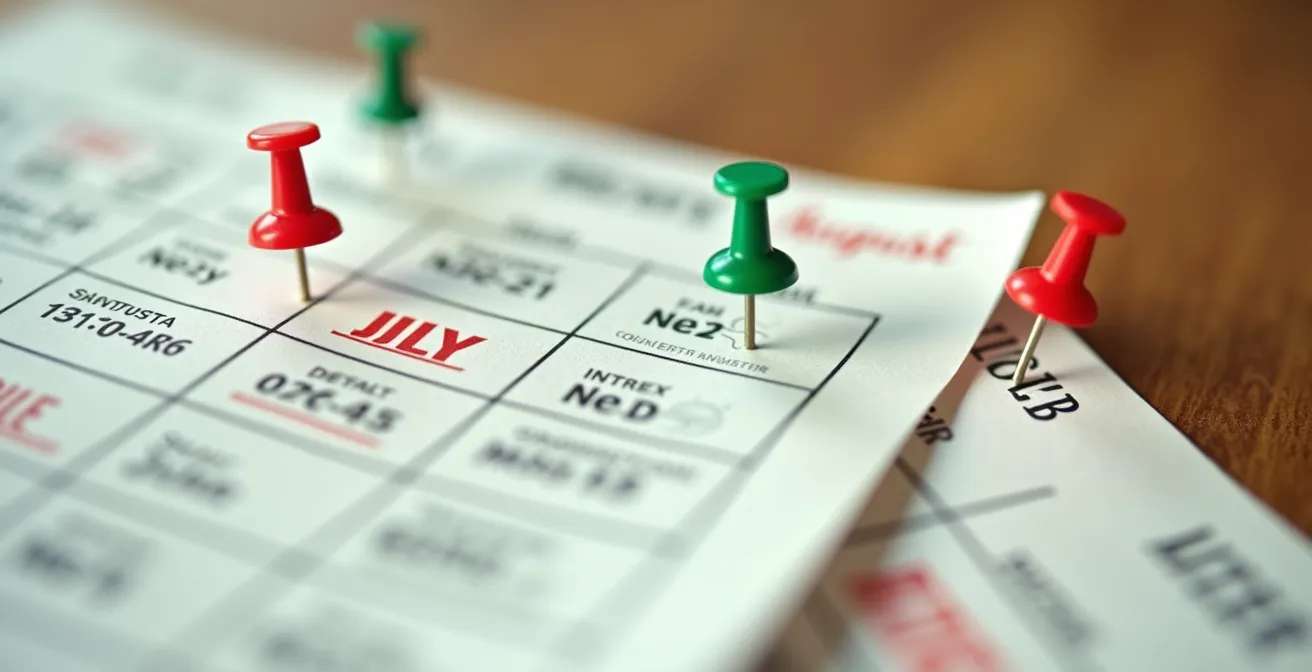 Vue macro d'un calendrier estival avec des épingles colorées marquant les périodes économiques pour voyager au Québec