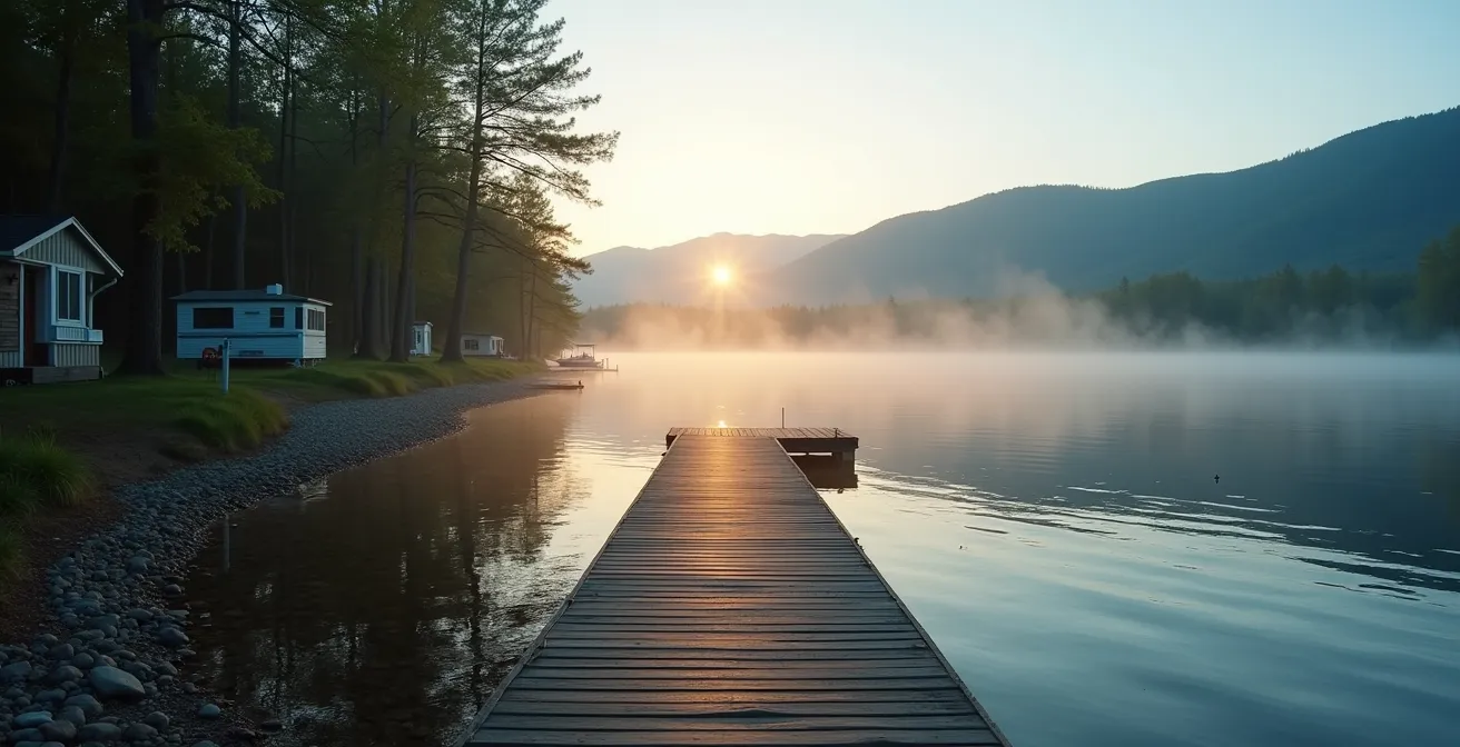 Vue panoramique d'un camping municipal québécois au bord d'un lac entouré de forêt