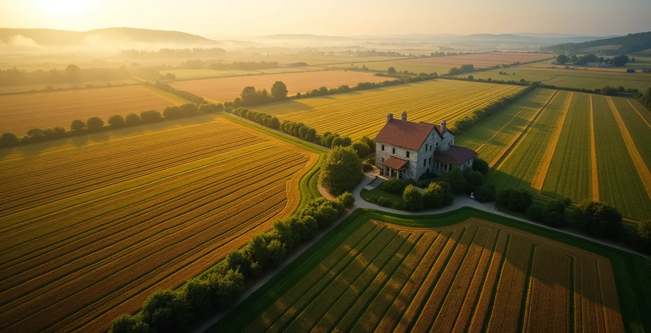Vue aérienne montrant le découpage des terres en longues bandes perpendiculaires au fleuve Saint-Laurent