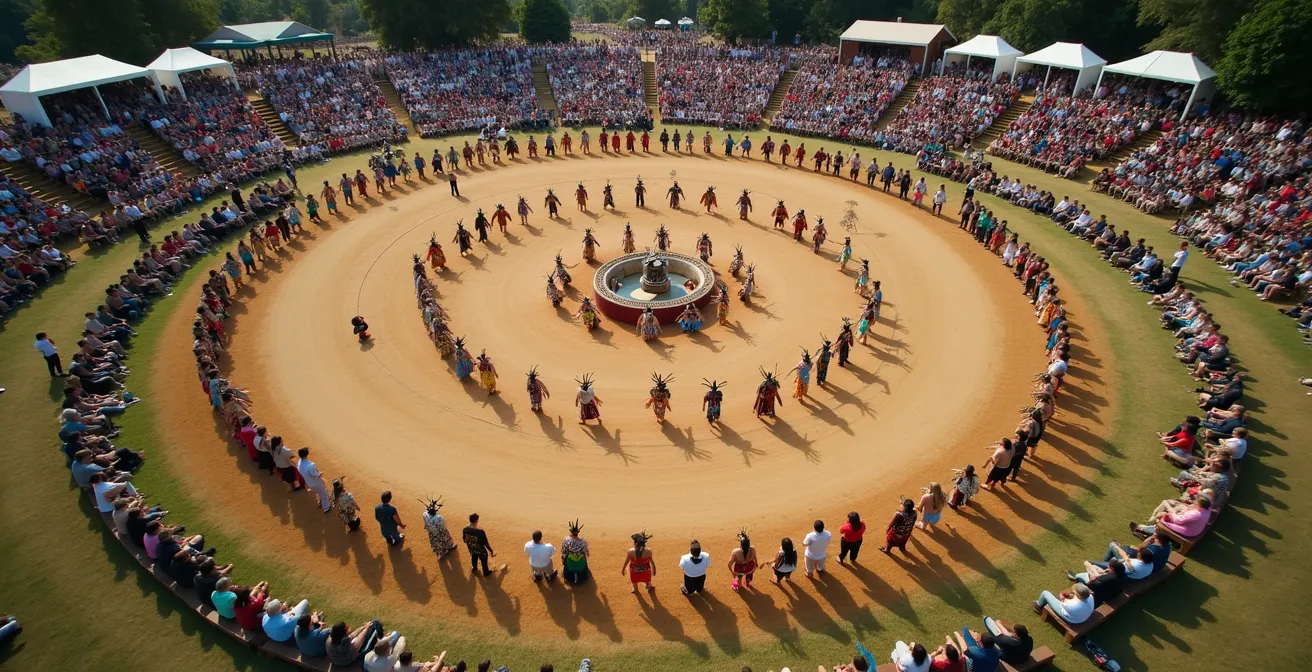 Vue aérienne du cercle de danse sacré d'un Pow-Wow montrant l'organisation spatiale traditionnelle