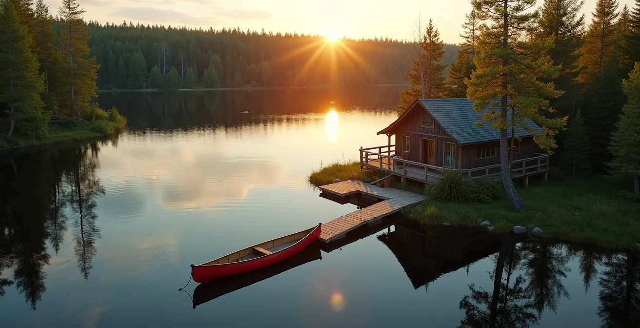 Vue aérienne d'un chalet traditionnel québécois au bord d'un lac entouré de forêt dense