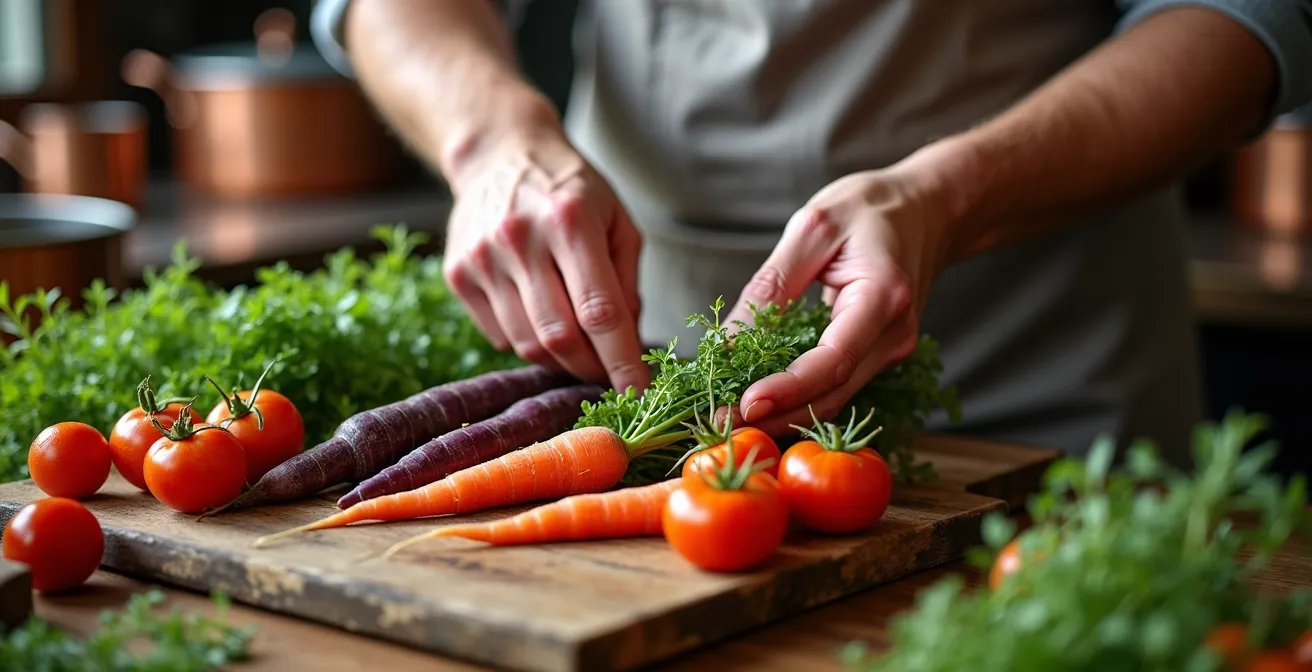 Chef préparant des légumes frais dans une cuisine de ferme québécoise