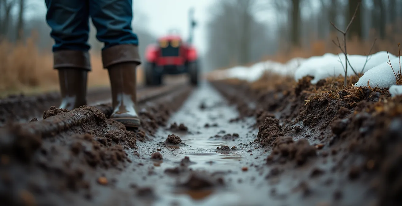 Sentier boueux dans une érablière québécoise au printemps avec traces de tracteur