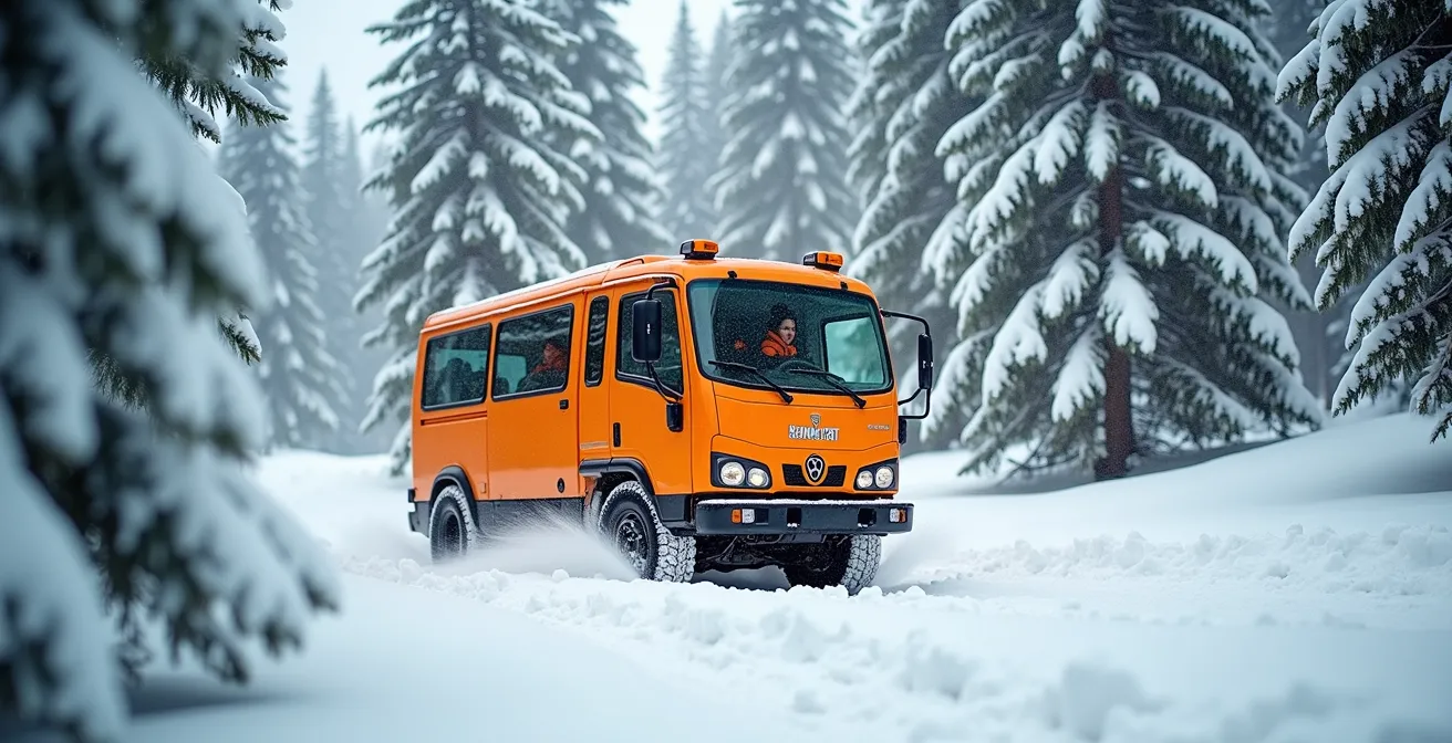 Chenillette de transport orange traversant une forêt enneigée des Monts-Valin avec des passagers équipés pour la randonnée
