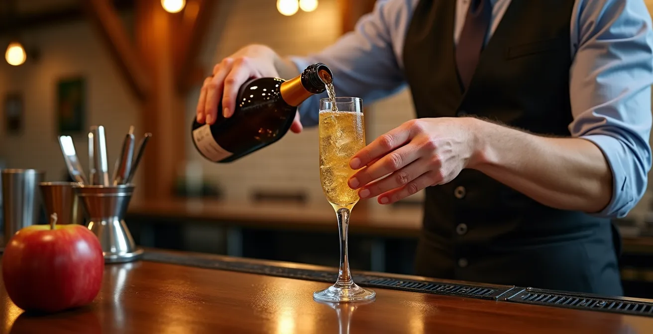 Cocktail élégant à base de cidre de glace dans un verre tulipe sur comptoir de bar québécois