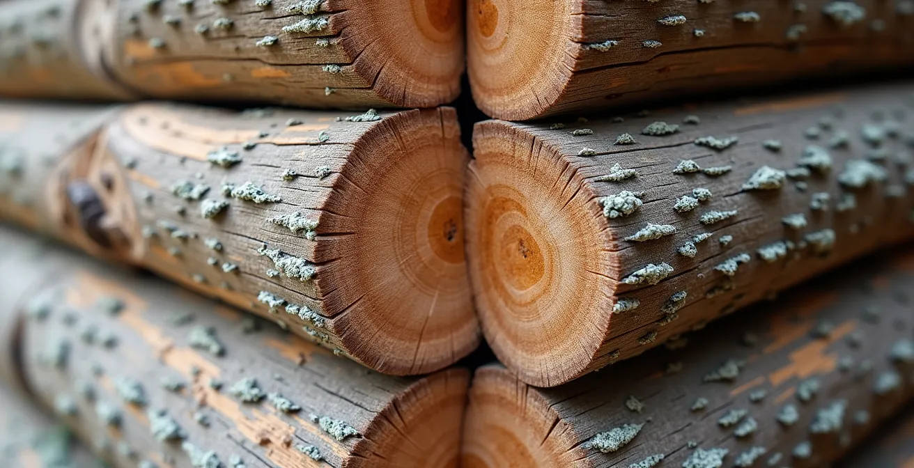 Vue rapprochée comparative de deux techniques de construction en bois : pièce-sur-pièce à gauche et scandinave entrecroisé à droite