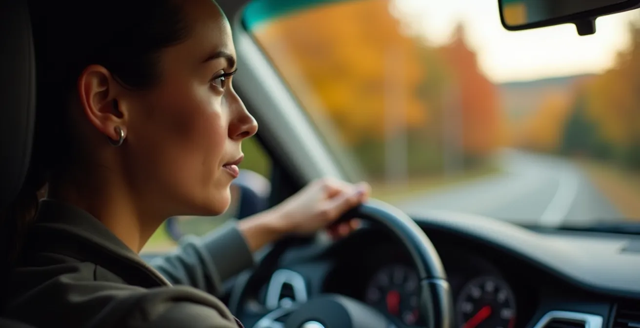 Portrait émotionnel d'un conducteur concentré au volant sur route québécoise