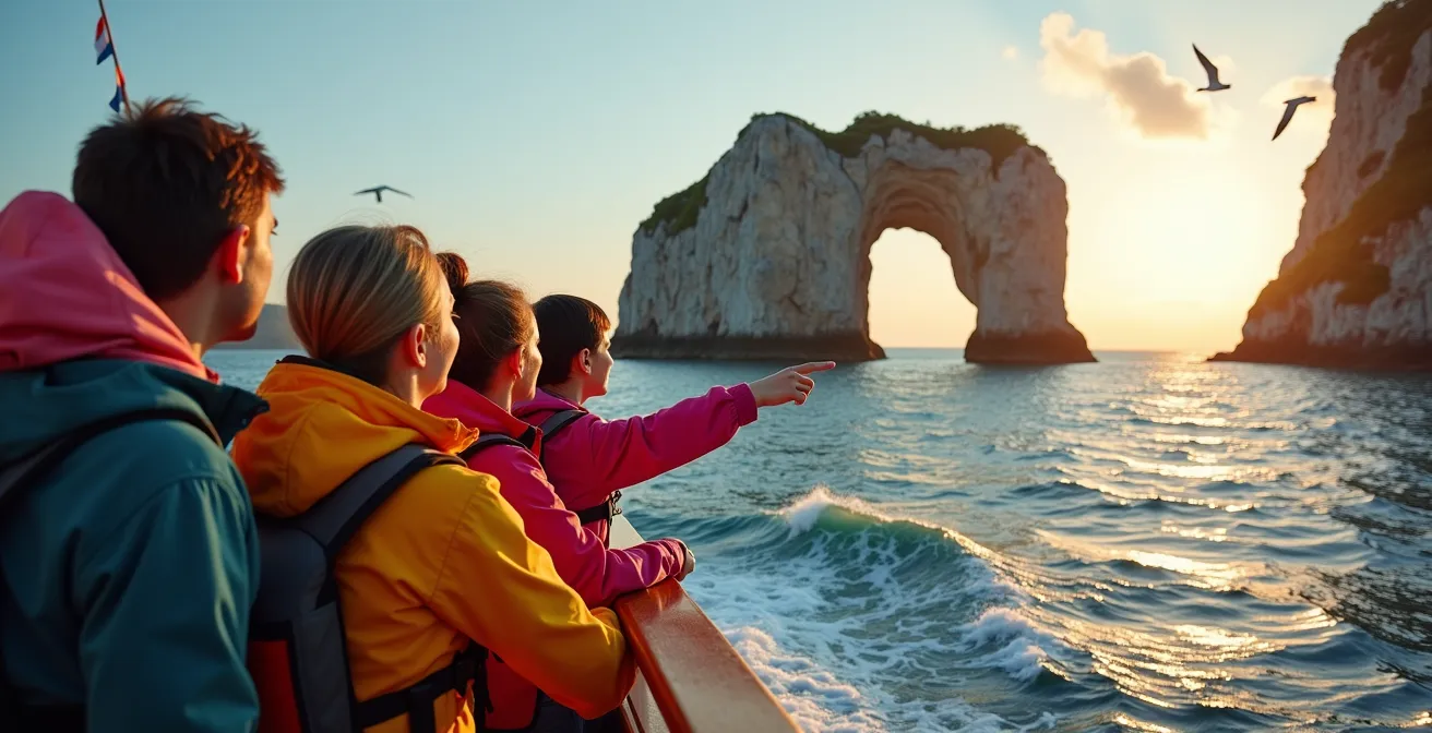 Vue comparative du rocher Percé depuis un bateau de croisière avec l'île Bonaventure en arrière-plan