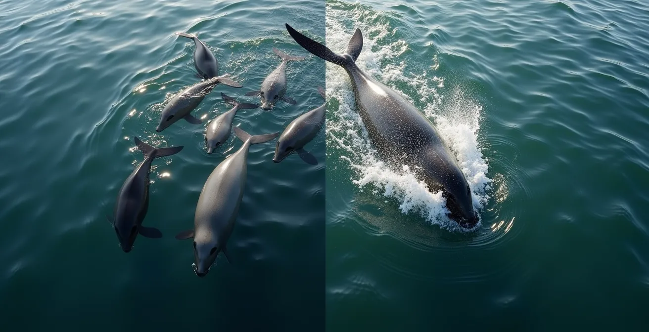 Vue aérienne montrant un béluga changeant brusquement de direction pour éviter une embarcation dans l'estuaire du Saint-Laurent