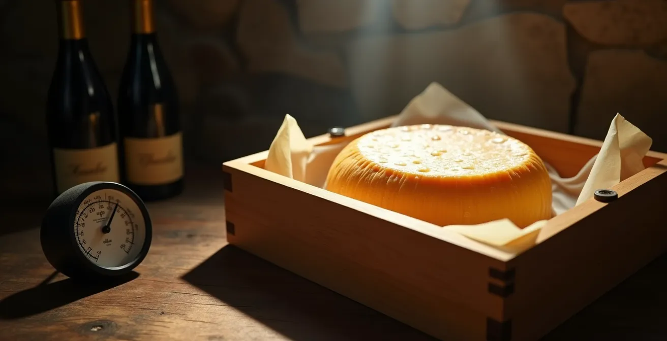 Fromages québécois emballés dans du papier à fromage spécialisé dans une ambiance de cave d'affinage
