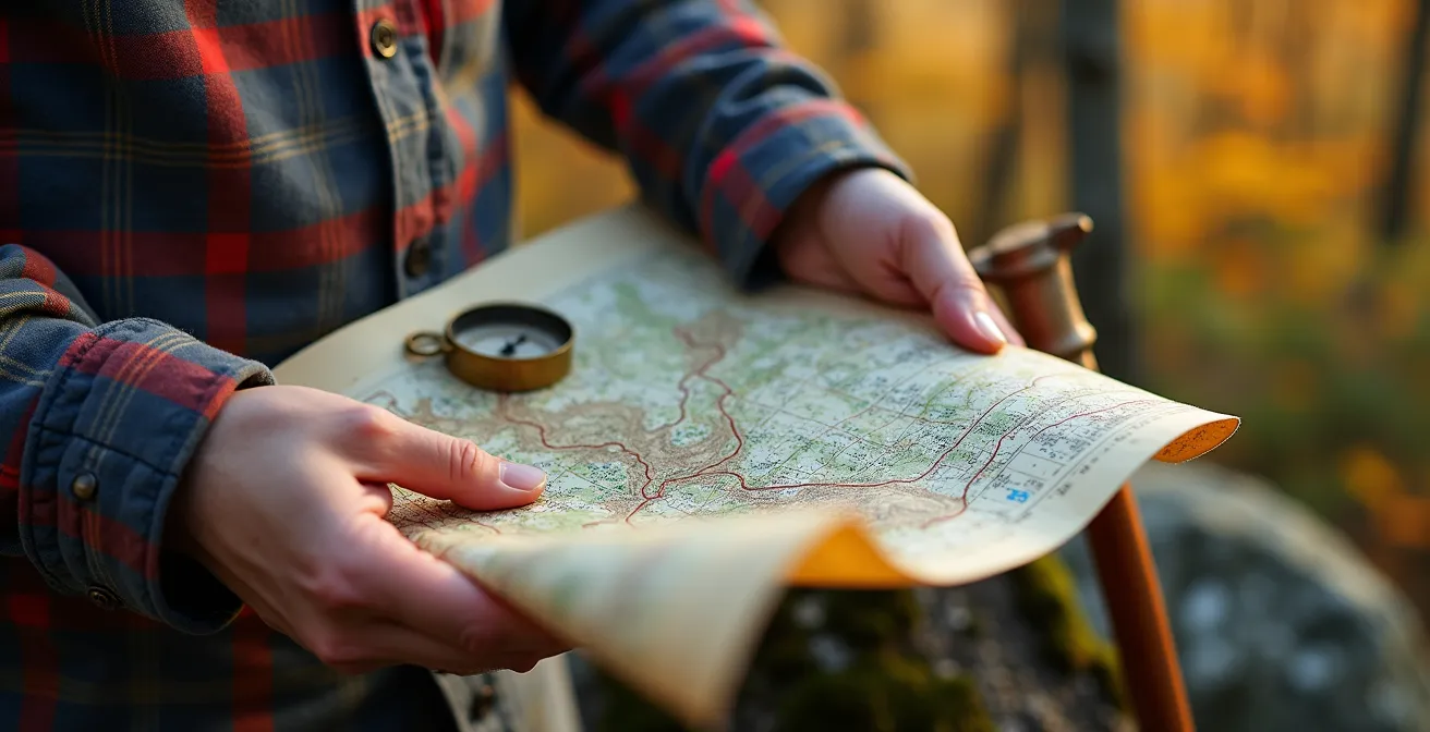 Randonneur consultant une carte topographique en forêt québécoise