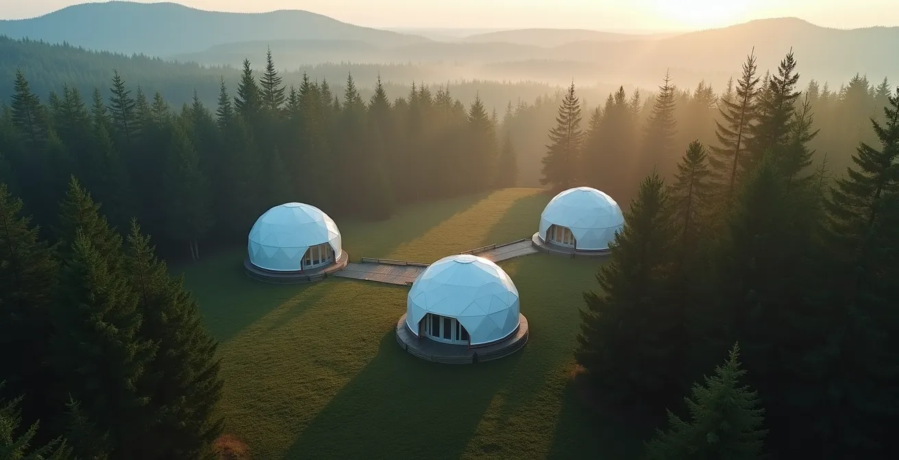 Vue aérienne montrant l'espacement stratégique entre dômes dans la forêt québécoise