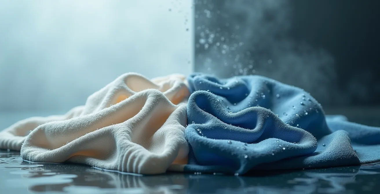 Comparaison visuelle de vêtements techniques versus coton dans un environnement maritime humide