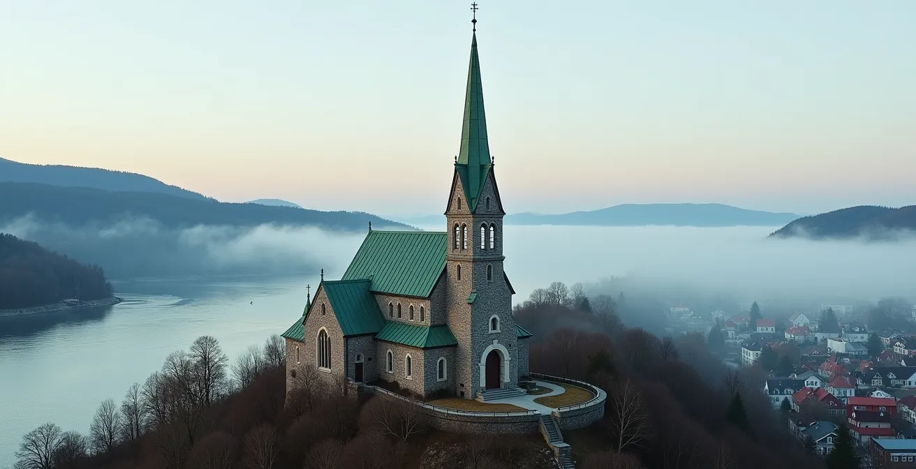 Église historique de pierre face au fleuve Saint-Laurent avec clocher servant d'amer