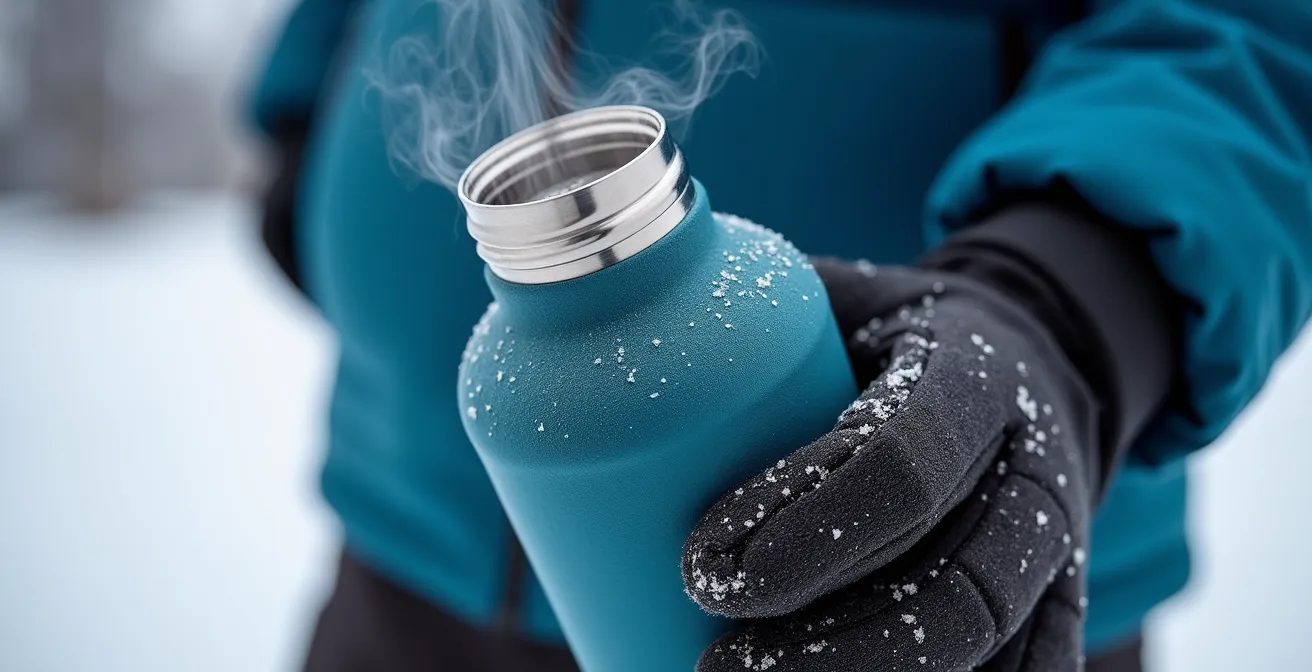 Gros plan sur système d'hydratation hivernal avec bouteille isolée et tube protégé dans environnement enneigé