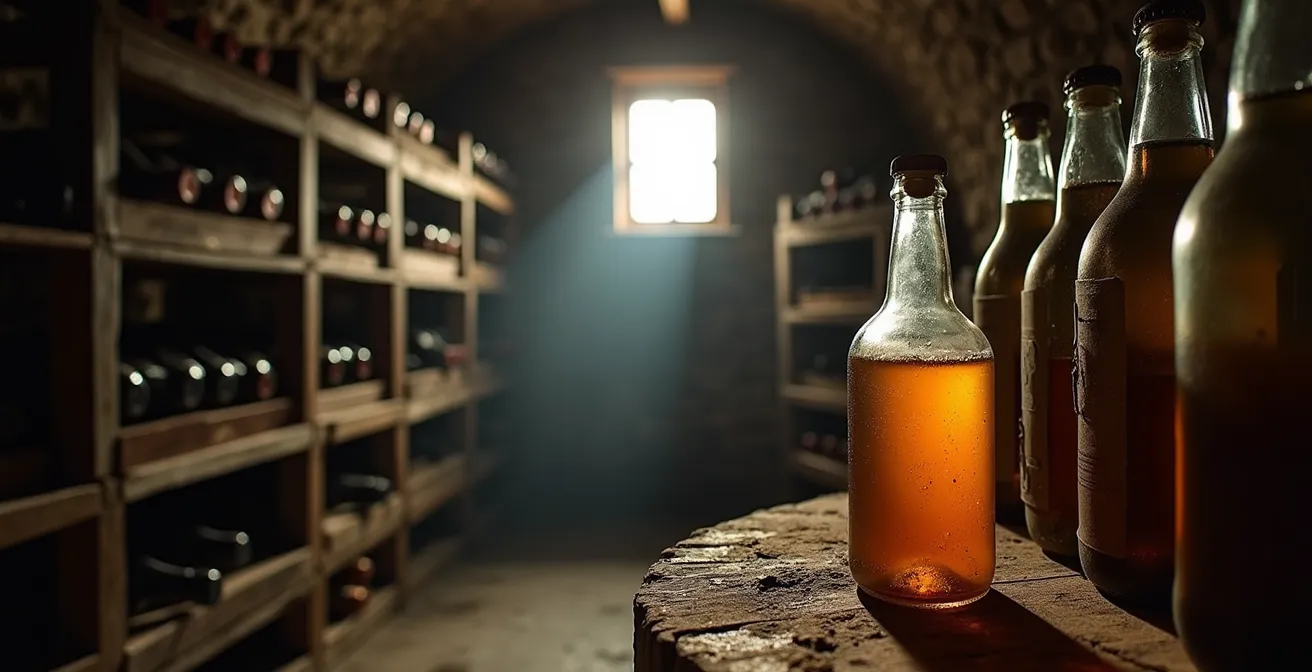 Cave de vieillissement with bouteilles de cidre de glace québécois dans la pénombre