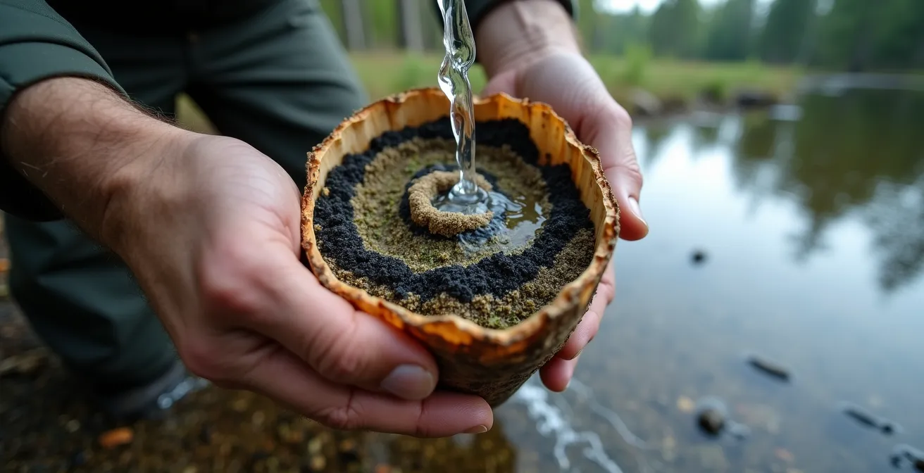 Mains filtrant de l'eau d'un lac boréal à travers un filtre improvisé de sable et charbon
