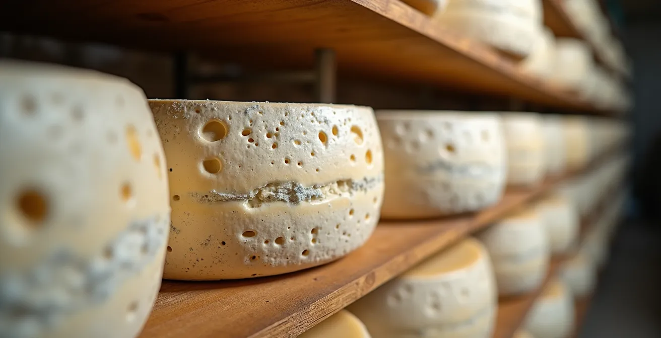 Fromages artisanaux québécois en cours d'affinage dans une cave traditionnelle