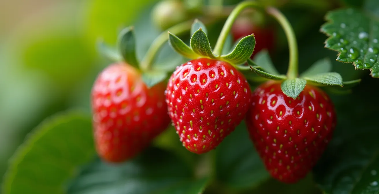 Gros plan sur des fraises parfaitement mûres montrant leur texture et leur couleur rouge intense