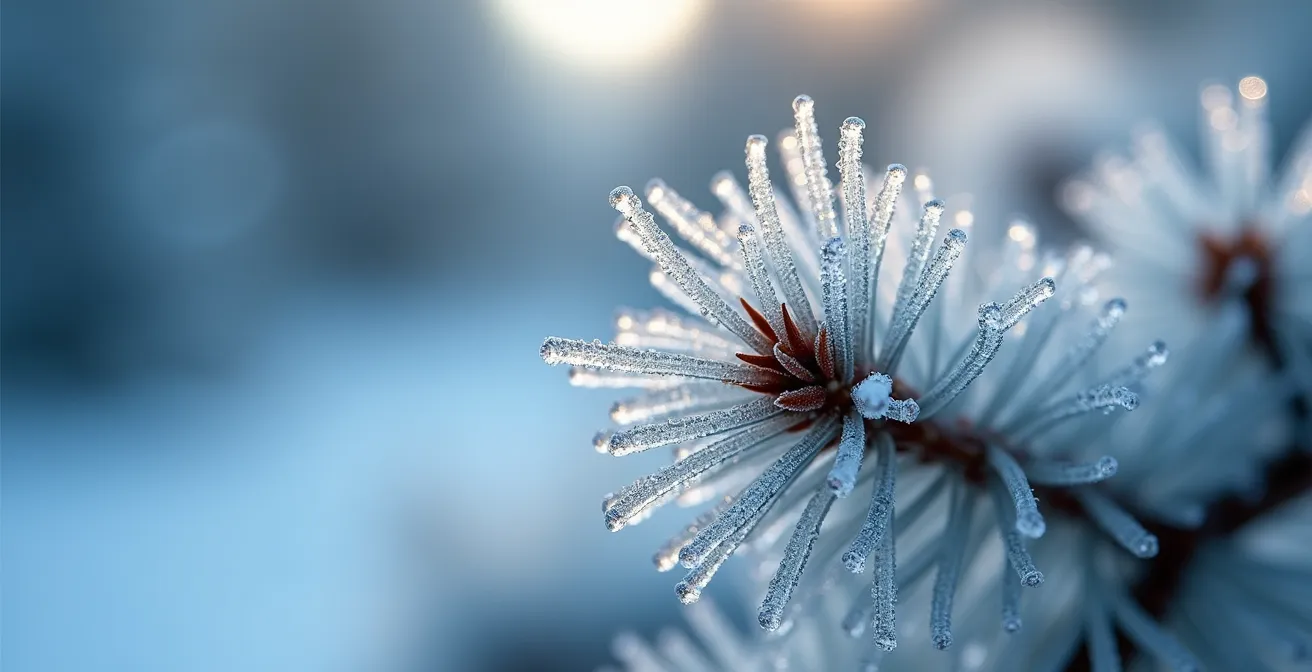 Vue macro de cristaux de givre délicats formant une structure complexe sur une branche d'épinette