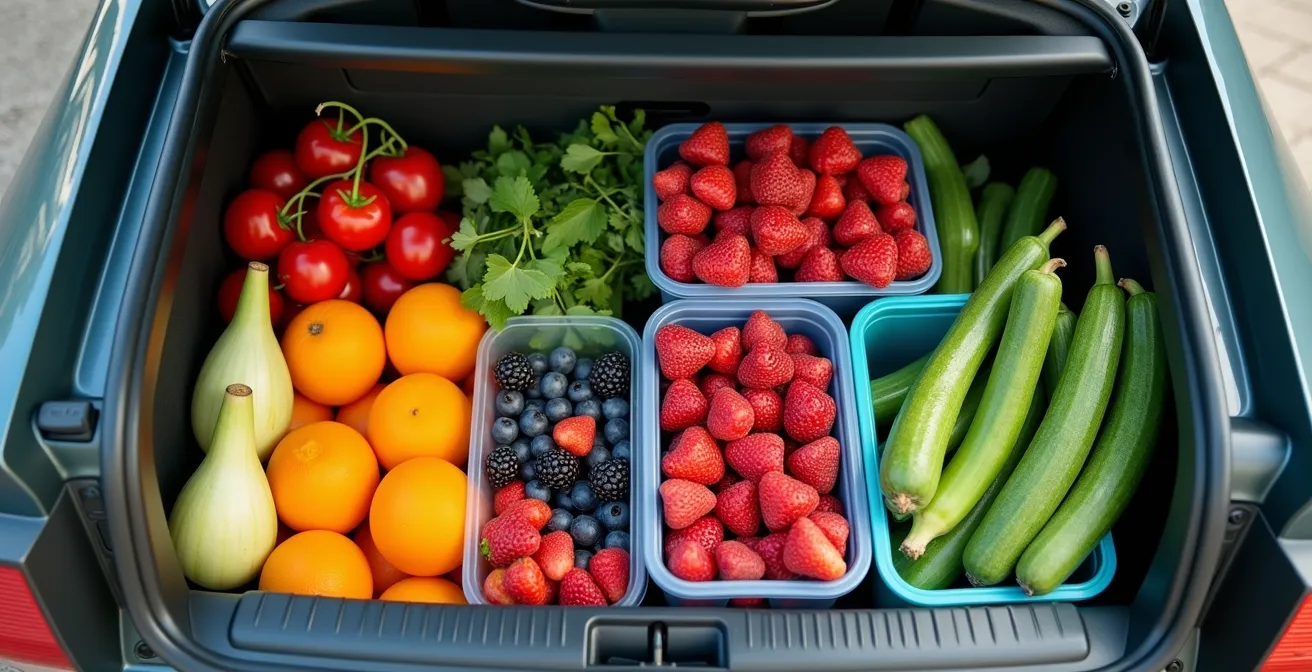 Vue plongeante sur une glacière ouverte montrant l'organisation optimale des fruits et légumes pour le transport