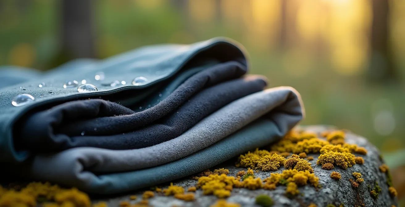 Système de couches de vêtements techniques disposés sur un rocher en forêt