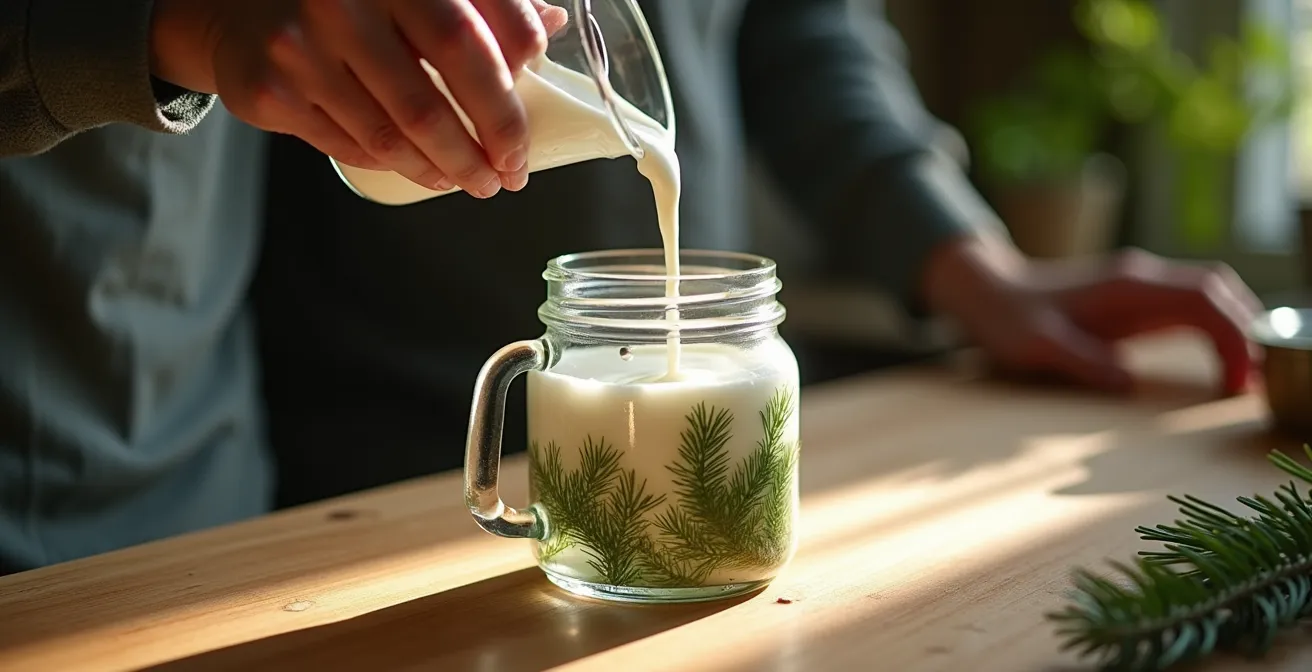 Préparation d'une infusion de sapin baumier dans un récipient en verre avec crème versée délicatement