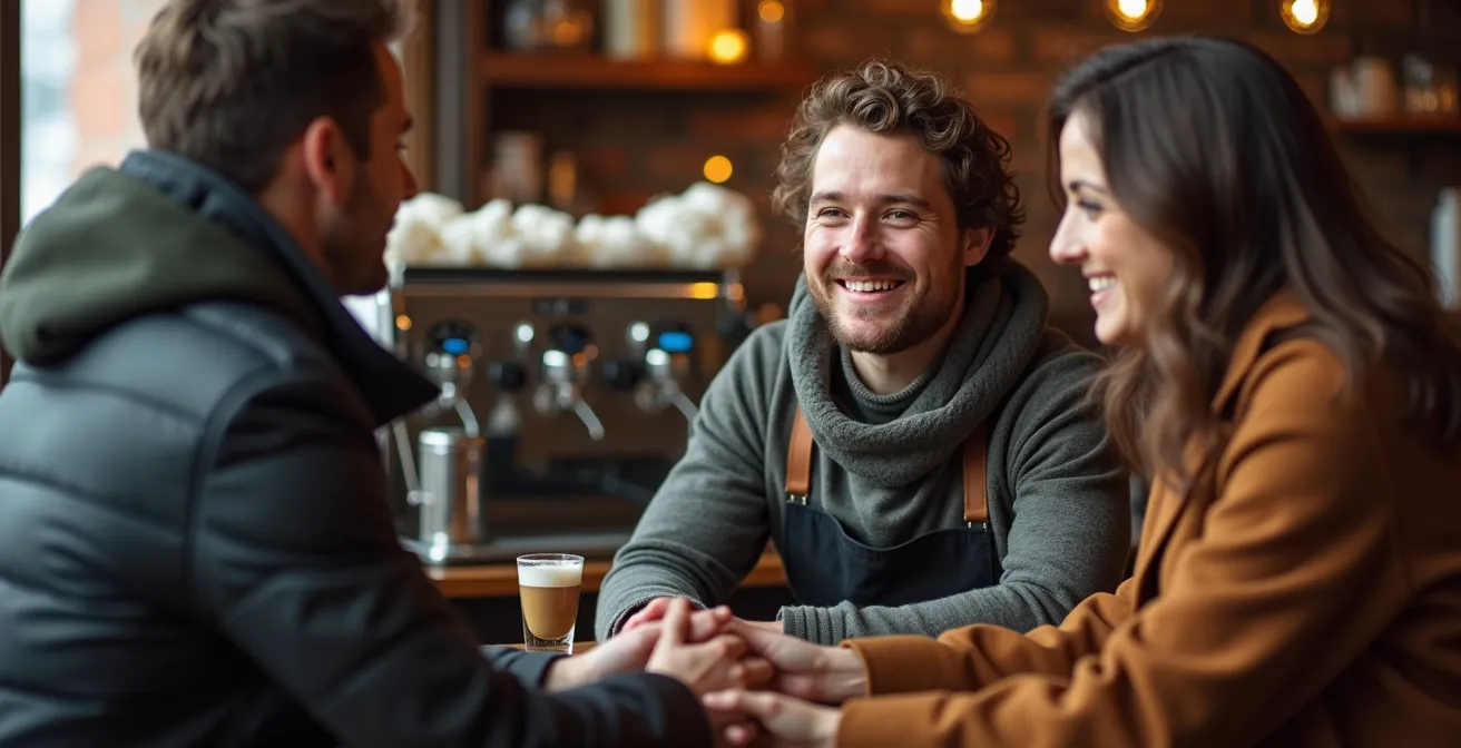 Scène chaleureuse dans un café québécois montrant l'interaction naturelle entre client et serveur