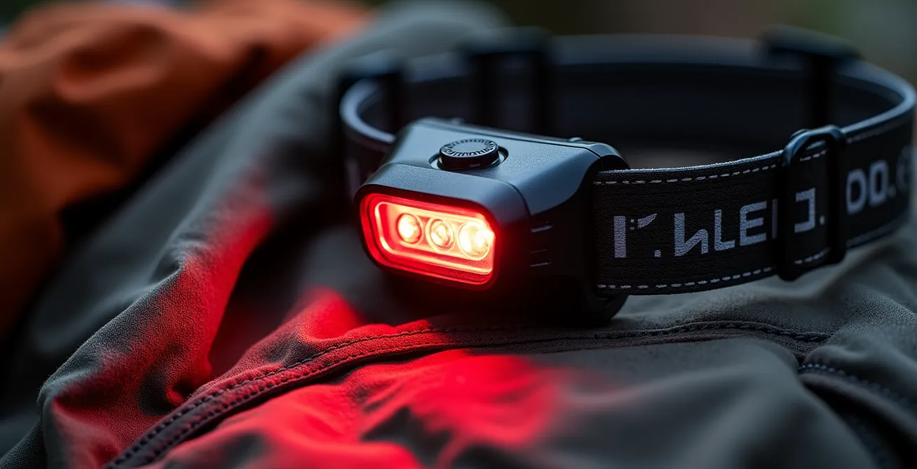 Gros plan sur une lampe frontale émettant une lumière rouge douce dans l'obscurité pour préserver la vision nocturne