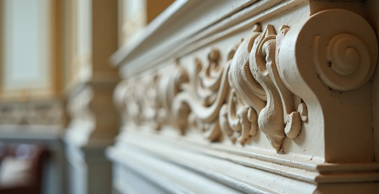 Détail architectural d'un lobby d'hôtel historique montrant les moulures originales restaurées