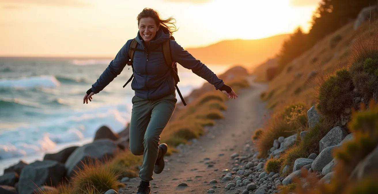 Randonneur cherchant son équilibre sur un sentier côtier de Gaspésie après une sortie en mer, illustrant le mal de terre