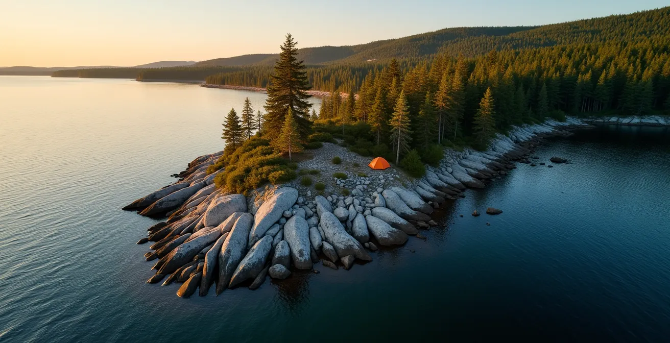 Vue aérienne d'une pointe rocheuse avec emplacement de camping idéal près d'une baie abritée