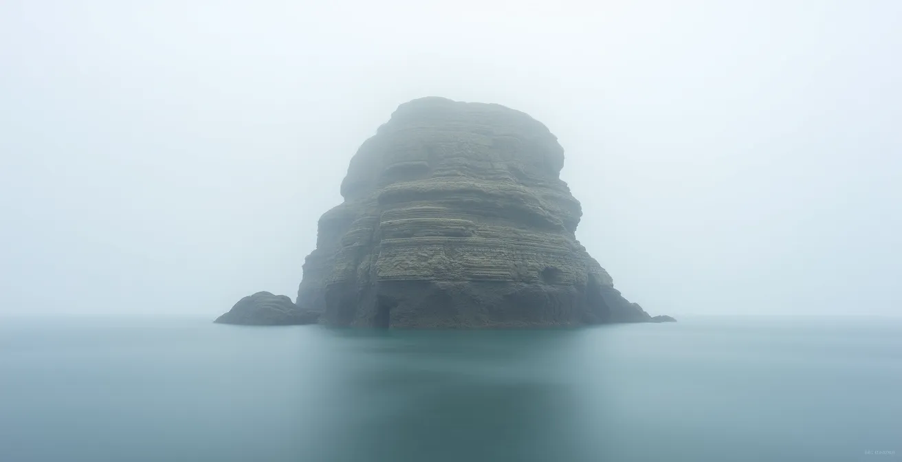 Monolithe isolé dans la brume matinale avec lumière douce révélant les strates du calcaire