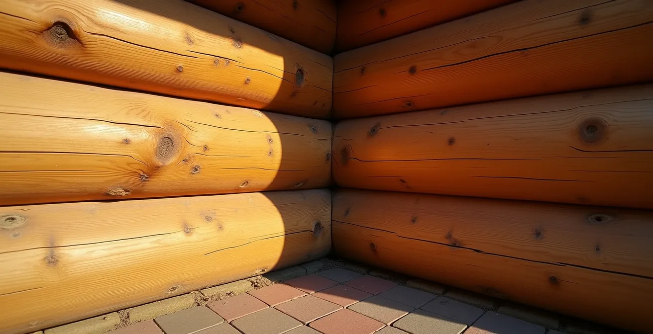 Mur en billots de bois montrant la texture naturelle et le calfeutrage traditionnel