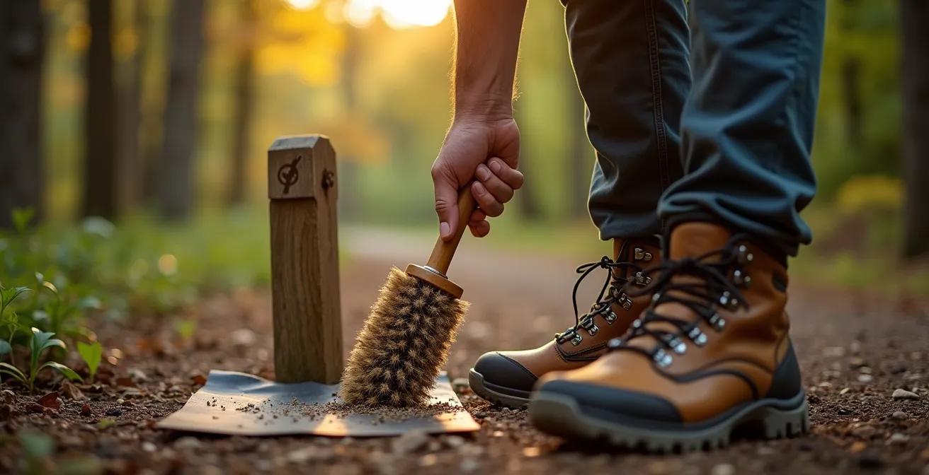 Randonneur brossant méticuleusement ses bottes à l'entrée d'un sentier forestier