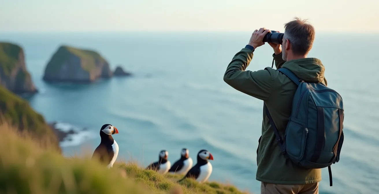 Observateur avec jumelles regardant des macareux à distance respectueuse