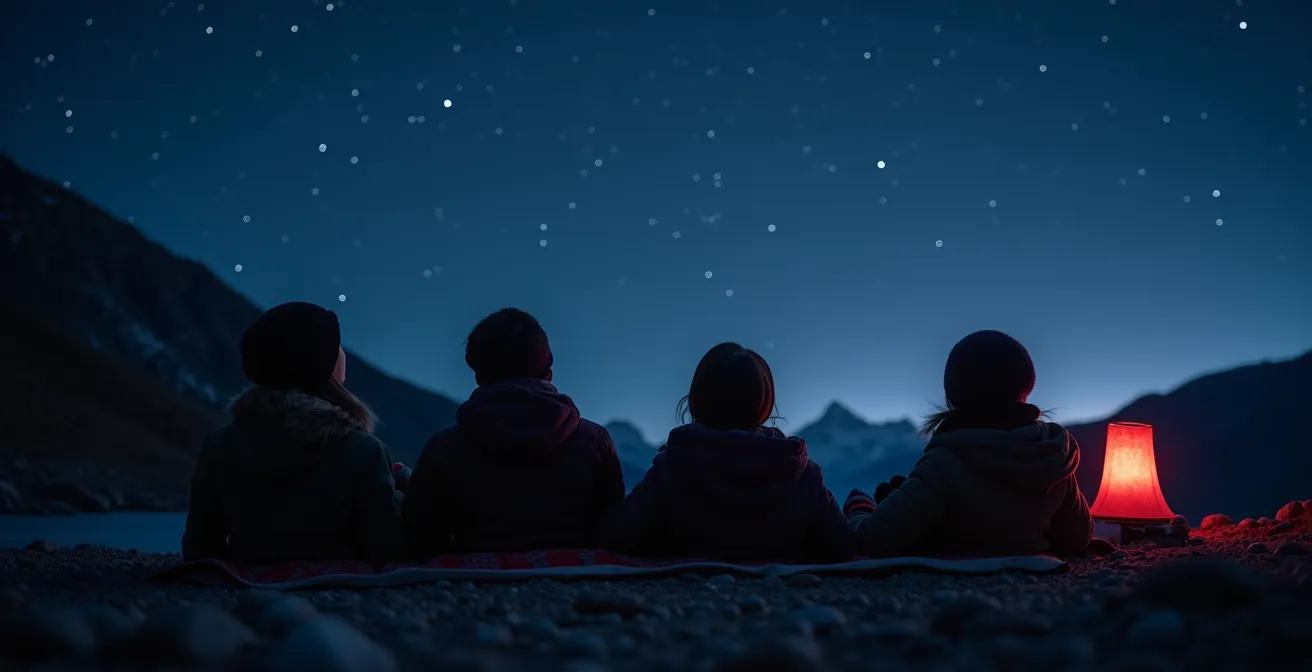Observateurs allongés sur le sol regardant le ciel étoilé pendant la pluie de météores des Perséides