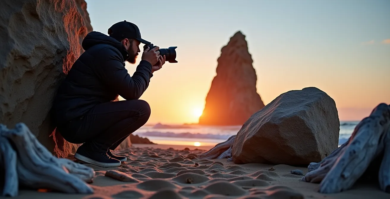 Photographe utilisant un rocher plat comme support naturel pour stabiliser son appareil face aux monolithes de Mingan à l'heure dorée