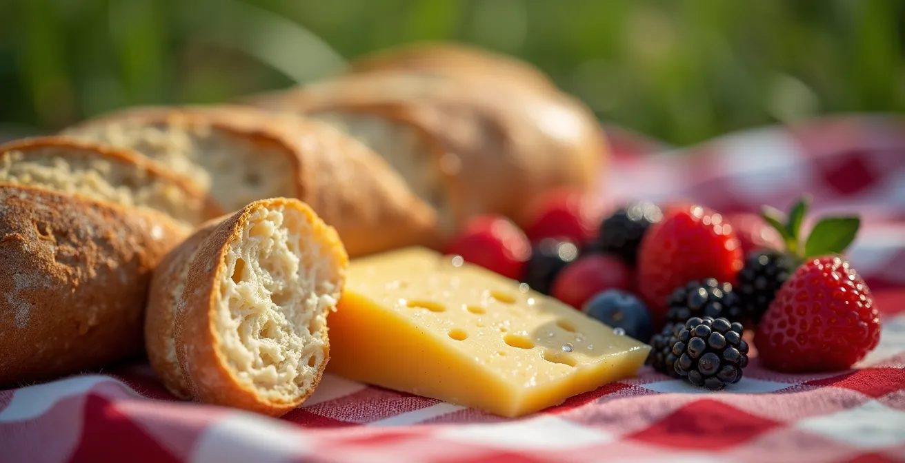 Famille québécoise profitant d'un pique-nique au Verger avec vue sur la chute