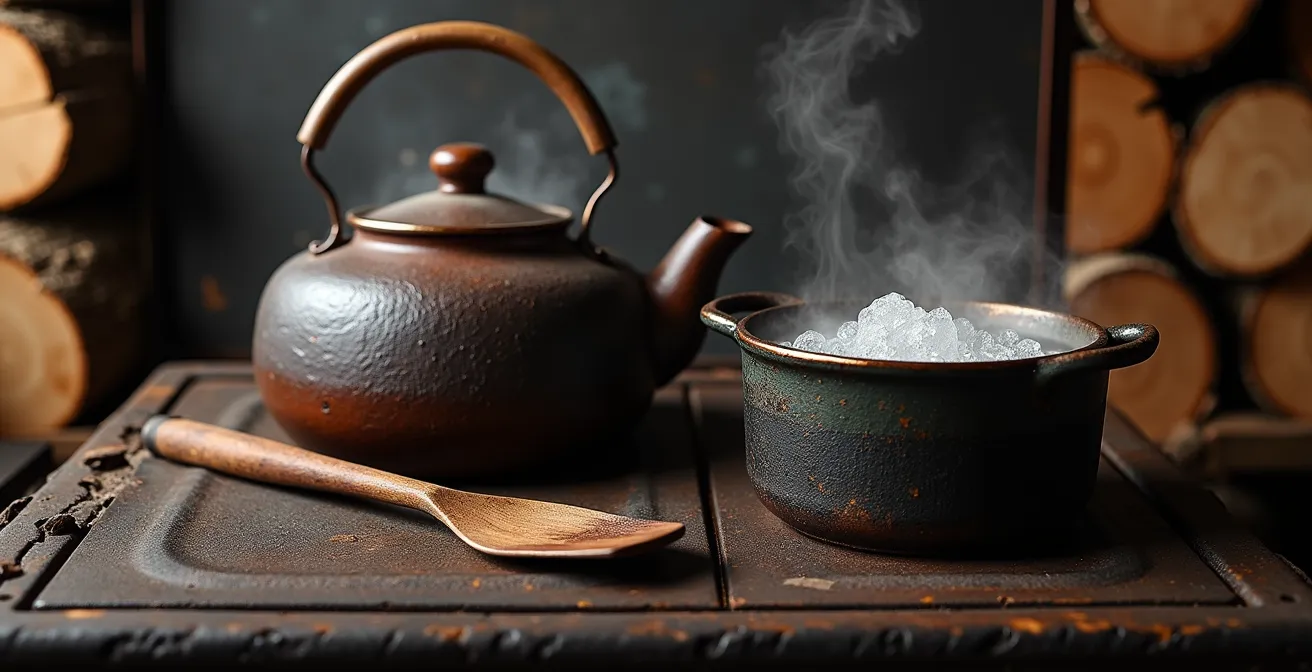 Surface de cuisson d'un poêle à bois avec marmite en fonte et bouilloire dans un refuge québécois