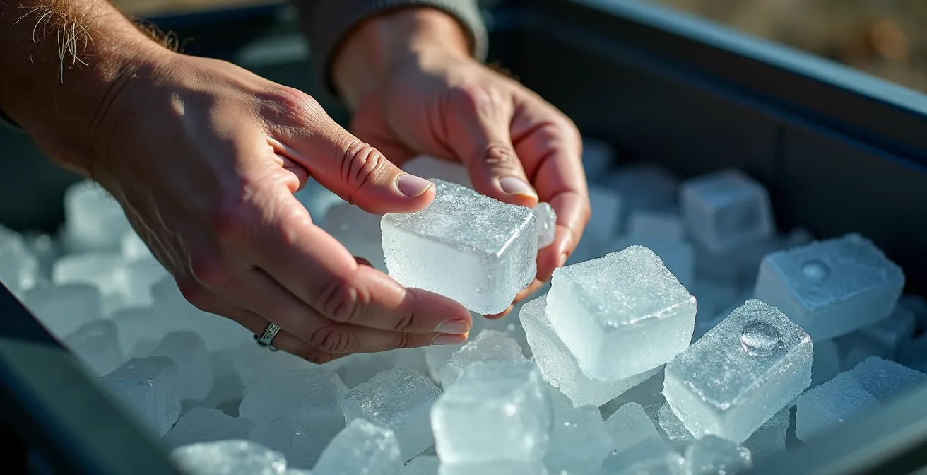 Gros plan sur des mains organisant méthodiquement une glacière avec blocs de glace et provisions