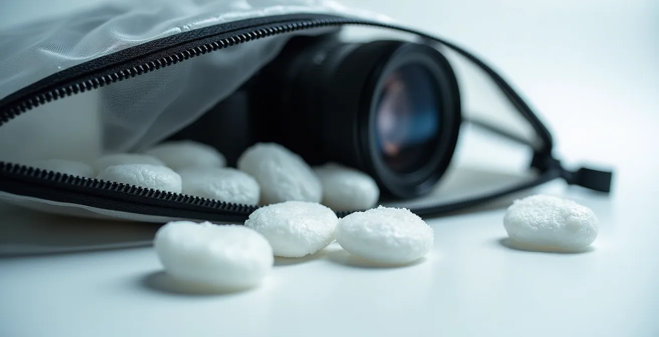 Appareil photo dans un sac de protection avec sachets de gel de silice contre l'humidité marine